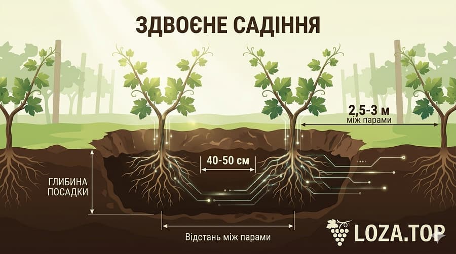 Схема здвоєного садіння винограду: відстань між кущами та глибина посадки — LOZA.TOP