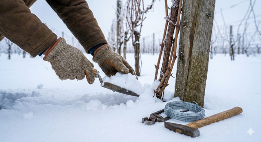 Зимові роботи на винограднику: снігозатримання, ремонт шпалер.