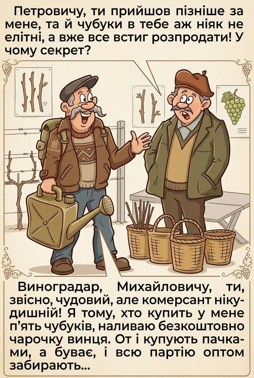 Гумористичний комікс про двох виноградарів Михайловича та Петровича поради щодо успішного продажу чубуків винограду LOZA.TOP.