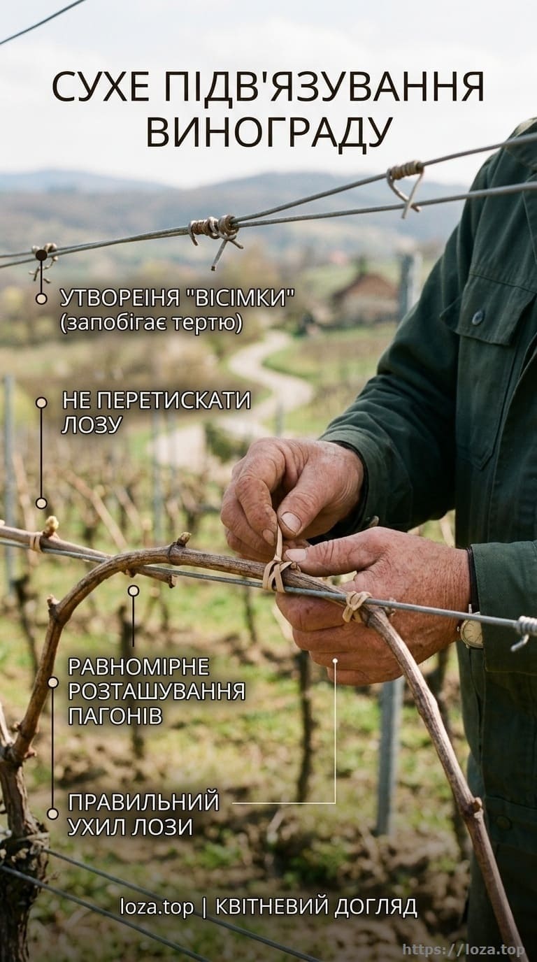 Інфографіка — покрокова інструкція сухого підв'язування винограду.