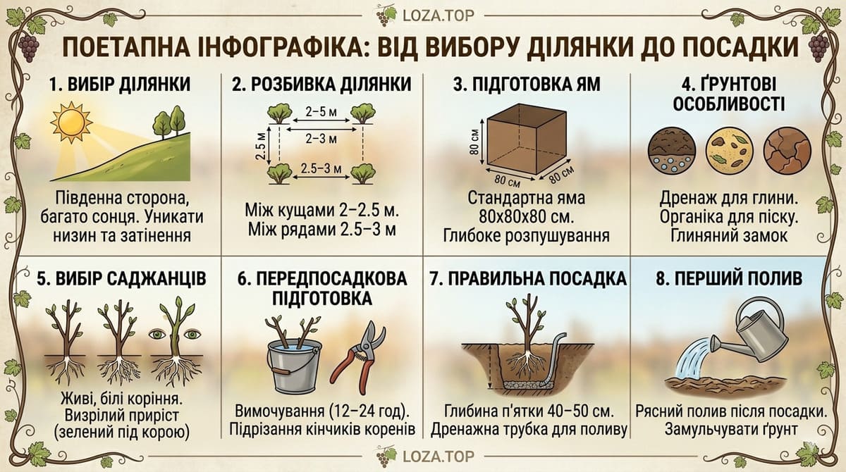 Поетапна інфографіка посадки винограду навесні від вибору ділянки до першого поливу покрокова схема догляду за лозою LOZA.TOP.