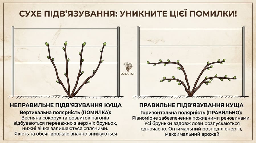 Порівняння вертикального та горизонтального підв'язування винограду схема полярності лози LOZA.TOP.
