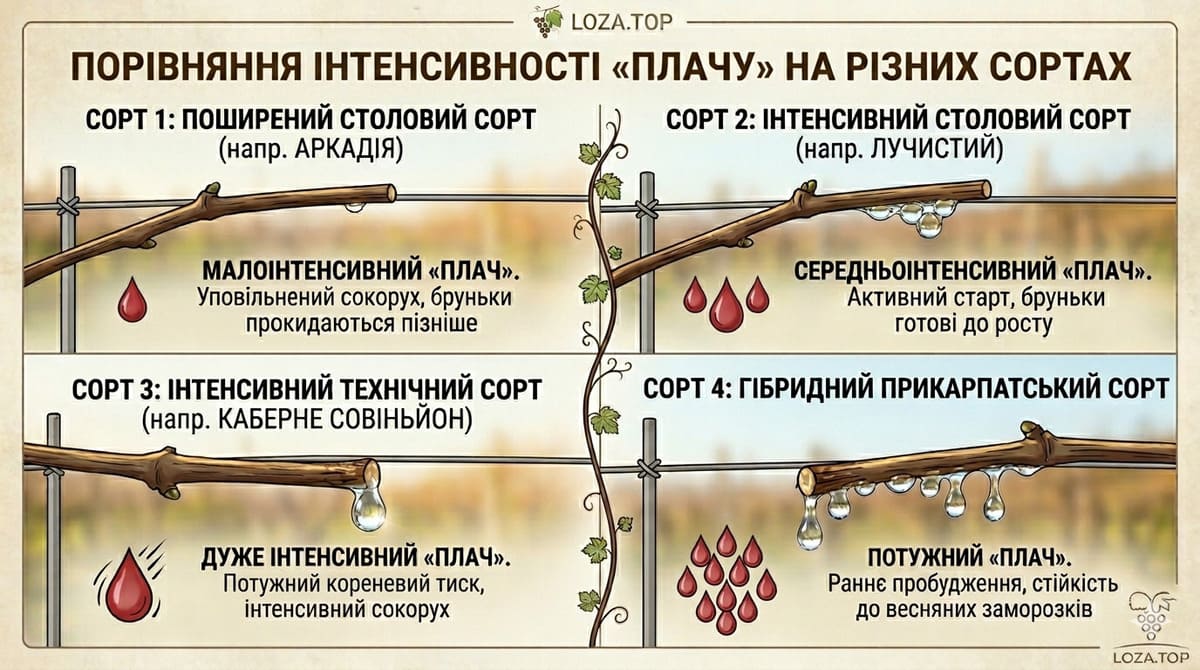 Порівняння сортових особливостей плачу винограду Інтенсивність плачу лози залежно від сорту винограду поради виноградарям.
