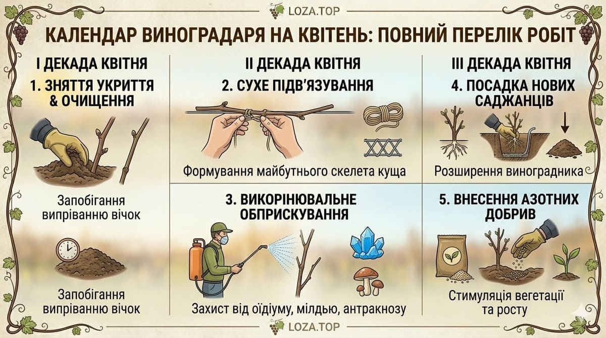 Поетапна інфографіка робіт на винограднику в квітні зняття укриття сухе підв’язування обприскування посадка саджанців та внесення добрив покрокова схема LOZA.TOP.