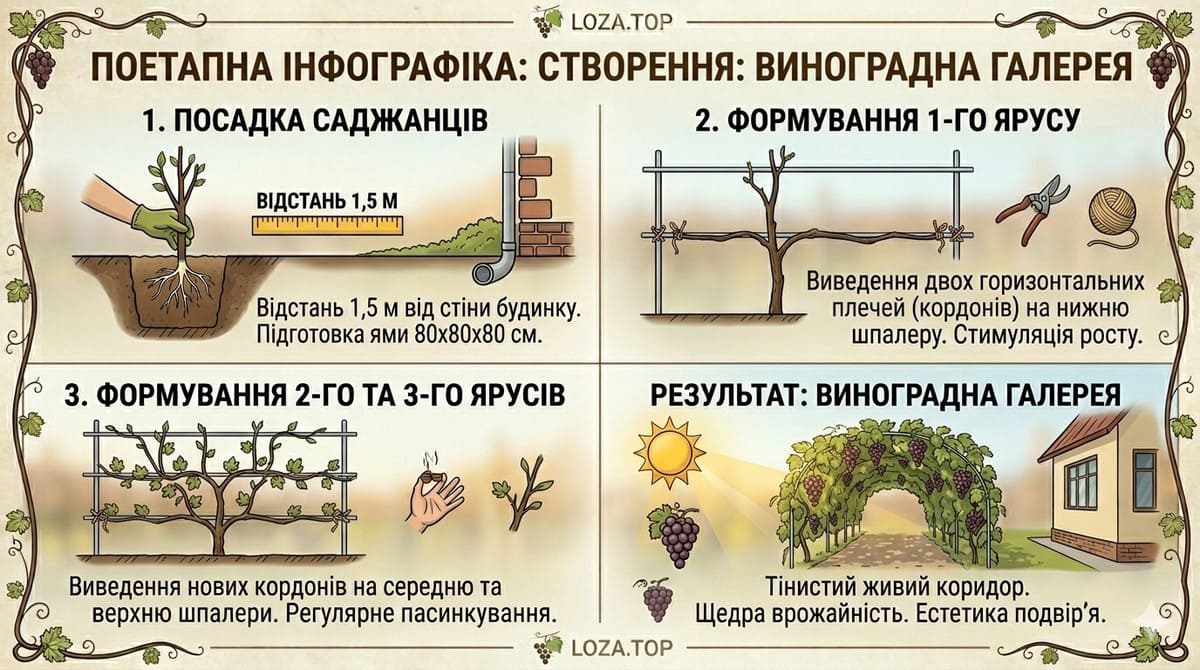 Поетапна інфографіка створення виноградної галереї біля будинку посадка саджанців формування кордонів 1-го 2-го та 3-го ярусів на шпалері результат тінистий коридор LOZA.TOP.